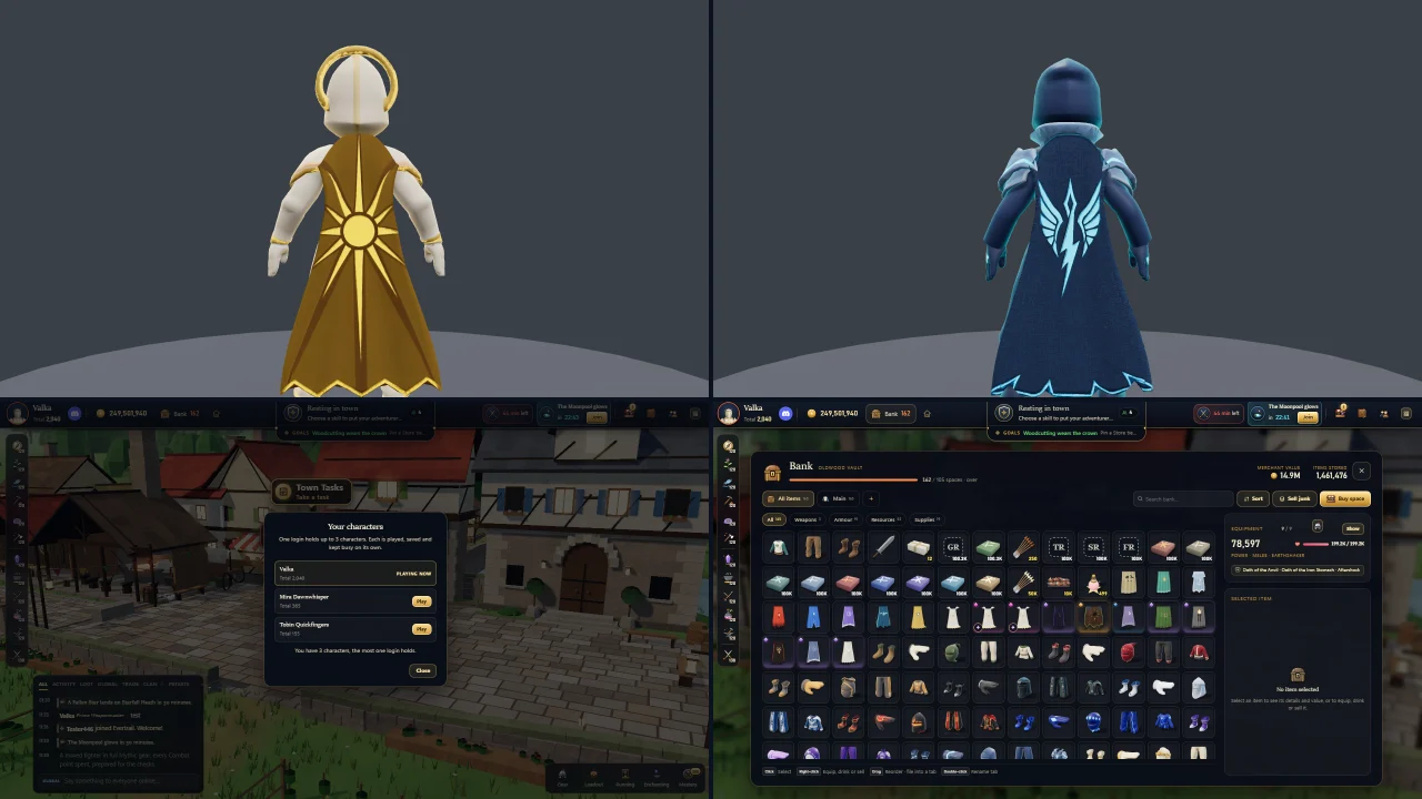 The Dawn cape and the Highwind cape seen from behind, the Characters window over the town, and the bank with its Sell junk button
