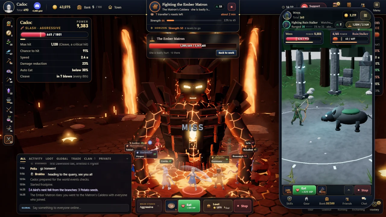 An adventurer fighting the Ember Matron with the new fight bar, beside a training fight on a phone with the slim bars