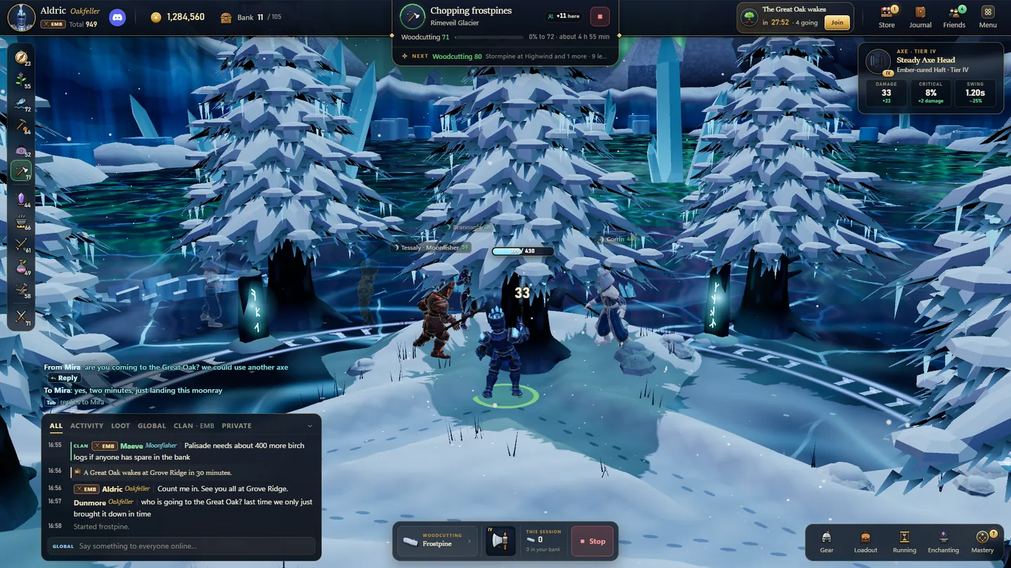 The new screen: one bar across the top, the chat with private messages above it, and the world behind