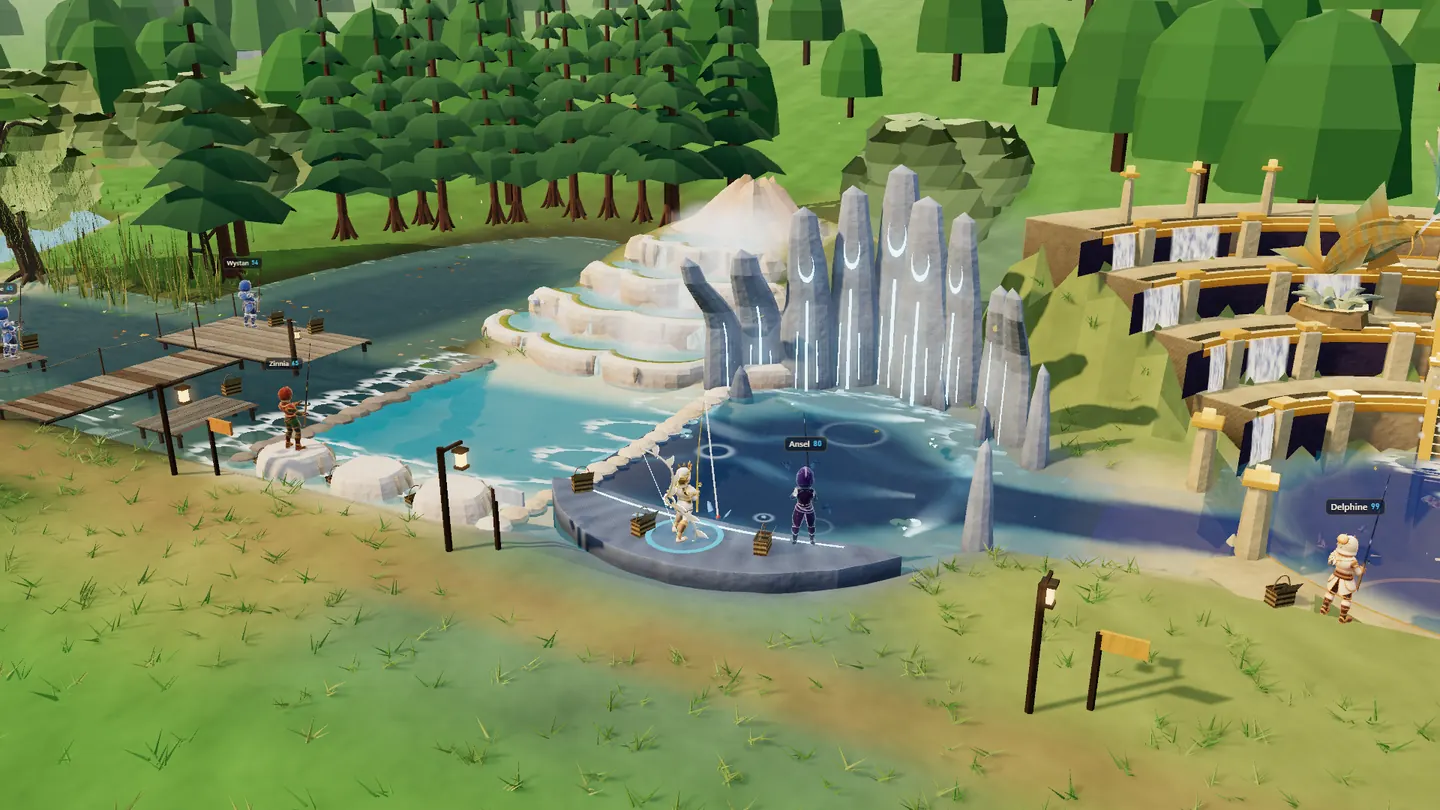 Moonwell Shore, the town’s level 70 to 89 fishing stretch, with anglers at its stands