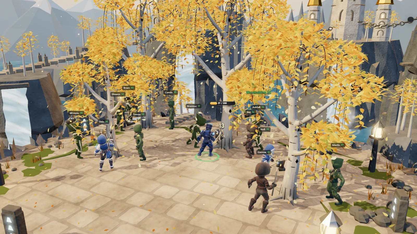Players chopping one silver birch together in Silverfall Heights, with their names and levels over them