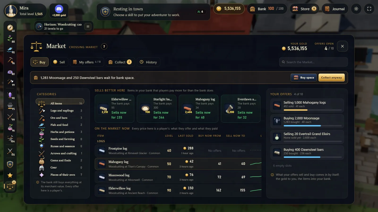 The Market window, with offers and trades from other players