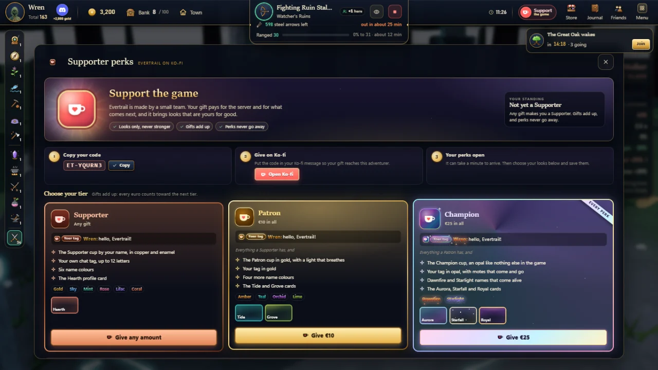 The new Support window, with the Supporter, Patron and Champion tiers in copper, gold and opal