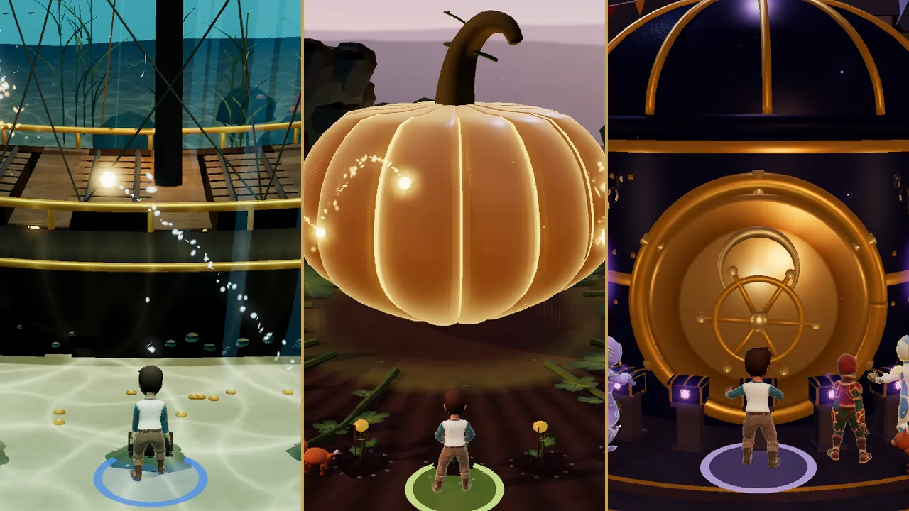 An adventurer at a sea chest under the Drowned Galleon, another at a golden seedling before the Golden Gourd, and a third at a strongbox before the Midnight Vault