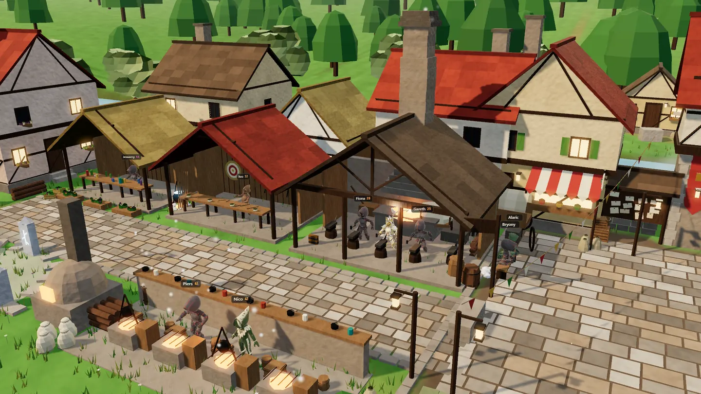 Artisans’ Row: adventurers at the forge’s anvils, the fletching bench and the herbalist’s hut