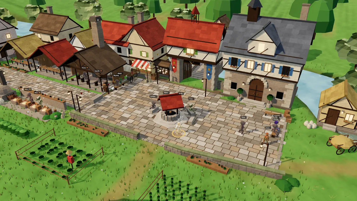 Evertrail Crossing from above: Artisans’ Row, the square with its well, the vault and the Trail Gate