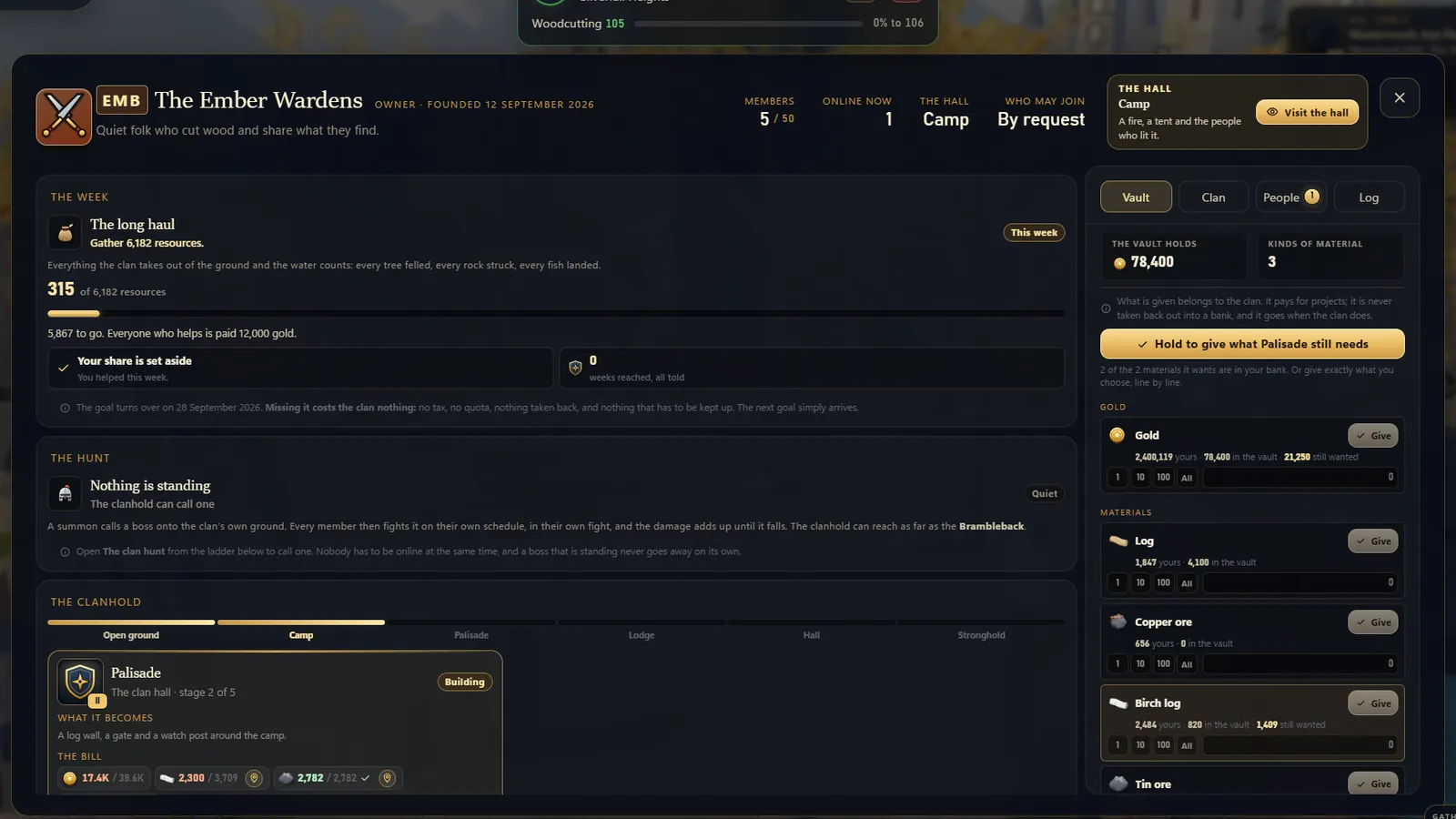 The Clan window with its roster, vault and projects