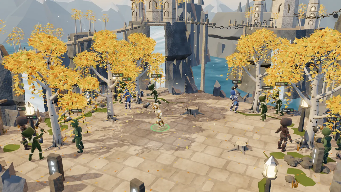 Silverfall Heights, with adventurers chopping silver birches