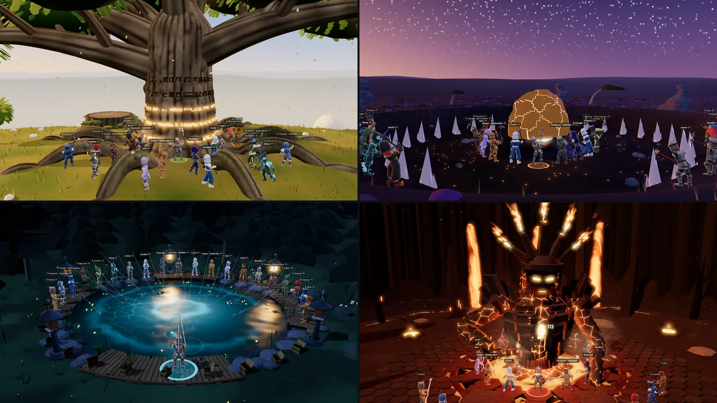 The four world events: the Great Oak, the Fallen Star, the Moonpool and the Ember Matron, each with a crowd of adventurers