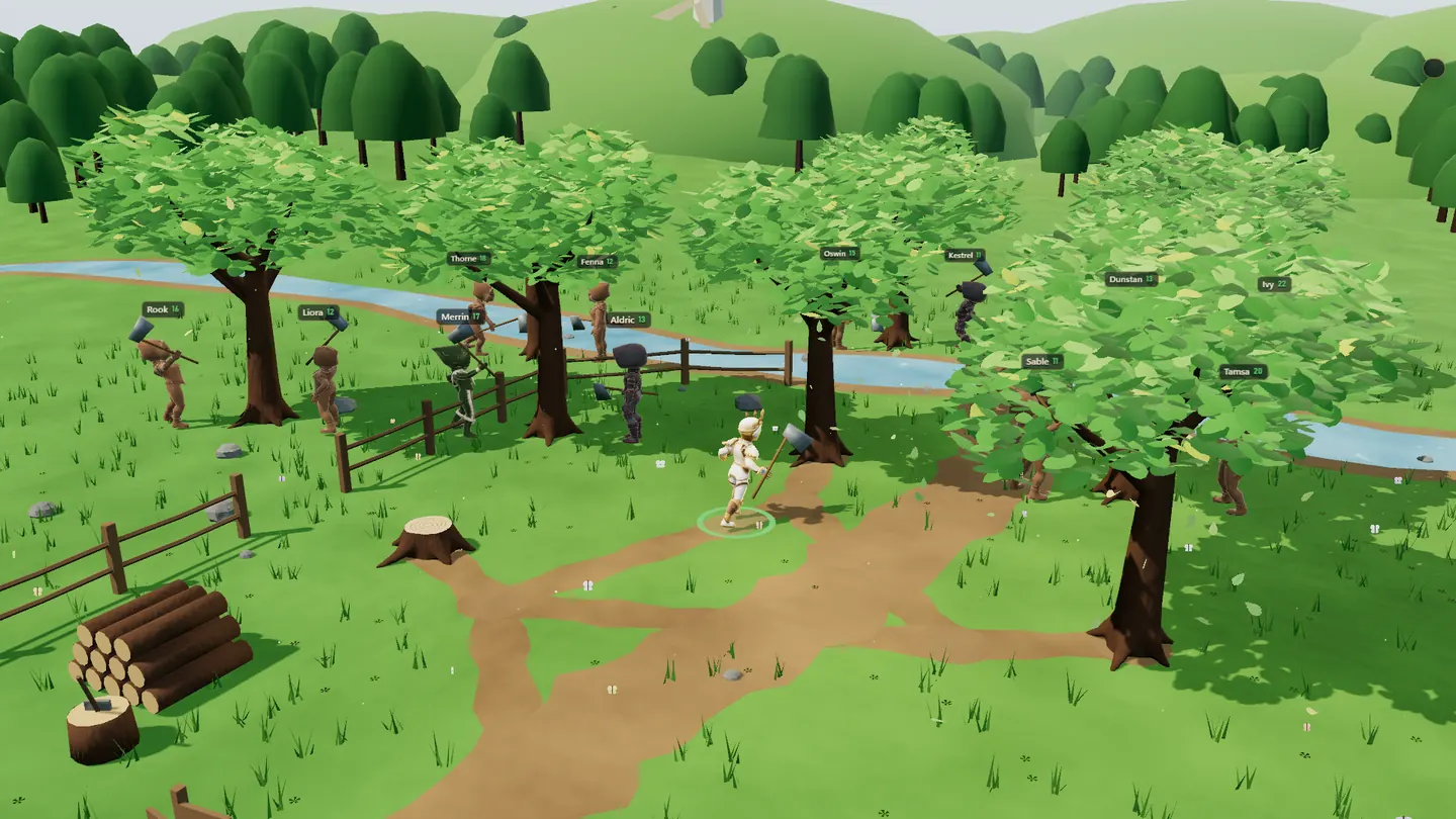 Evertrail Meadow, the first Woodcutting grove, with adventurers at work